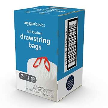 Amazon Basics Tall Kitchen Drawstring Trash Bags, 13 Gallon, 45 Count, Pack of 1