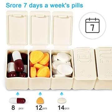 Pill Organizer-Pill Boxes for Travel, 7 Day with Braille Pill case Vitamins Fish Oil Supplements, Medication Organizer Dispenser for Fish Oils, Vitamin Holder Supplement (Beige-3PCS)