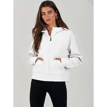 ANRABESS Half Zip Sweatshirts for Women Quarter Zip Pullover Hoodies Casual Cropped Sweaters Fall Outfits Winter Clothes Fashion 988baise-L White
