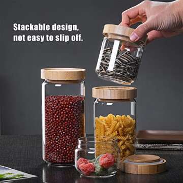 MOLADRI 300ML/10 Oz Stackable Glass Storage Canister Holder with Airtight Bamboo Lid, Clear Modern Decorative Small Container Jar for Coffee, Spice, Candy, Salt, Cookie, Condiment, Pepper, Sugar