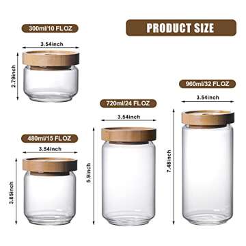 MOLADRI 300ML/10 Oz Stackable Glass Storage Canister Holder with Airtight Bamboo Lid, Clear Modern Decorative Small Container Jar for Coffee, Spice, Candy, Salt, Cookie, Condiment, Pepper, Sugar