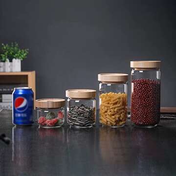 MOLADRI 300ML/10 Oz Stackable Glass Storage Canister Holder with Airtight Bamboo Lid, Clear Modern Decorative Small Container Jar for Coffee, Spice, Candy, Salt, Cookie, Condiment, Pepper, Sugar