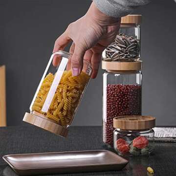 MOLADRI 300ML/10 Oz Stackable Glass Storage Canister Holder with Airtight Bamboo Lid, Clear Modern Decorative Small Container Jar for Coffee, Spice, Candy, Salt, Cookie, Condiment, Pepper, Sugar