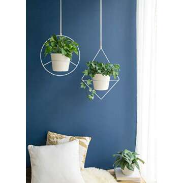 Mkono Boho Hanging Planter, Set of 2 Metal Plant Hanger with Plastic Pots, Modern Mid Century Flower Pot Plant Holder in Diamond and Circle Shape, Fits 6 Inch Planter (Pots Included), White