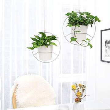 Mkono Boho Hanging Planter, Set of 2 Metal Plant Hanger with Plastic Pots, Modern Mid Century Flower Pot Plant Holder in Diamond and Circle Shape, Fits 6 Inch Planter (Pots Included), White