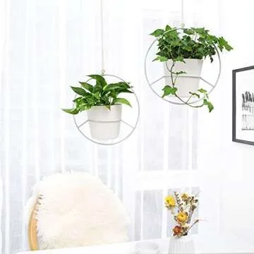 Mkono Boho Hanging Planter, Set of 2 Metal Plant Hanger with Plastic Pots, Modern Mid Century Flower Pot Plant Holder in Diamond and Circle Shape, Fits 6 Inch Planter (Pots Included), White