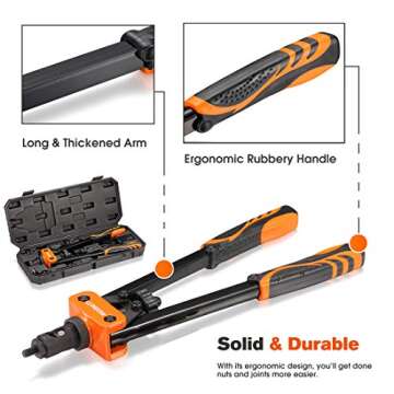 REXBETI 14" Rivet Nut Tool, Professional Rivet Setter Kit with 7 Metric & Sae Mandrels and 60pcs Rivnuts, Labor-Saving Design, Extra 1/4-20 mandrel with Rugged Carrying Case