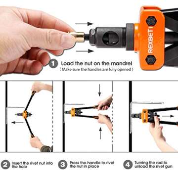 REXBETI 14" Rivet Nut Tool, Professional Rivet Setter Kit with 7 Metric & Sae Mandrels and 60pcs Rivnuts, Labor-Saving Design, Extra 1/4-20 mandrel with Rugged Carrying Case