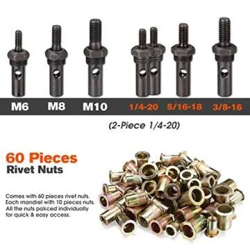 REXBETI 14" Rivet Nut Tool, Professional Rivet Setter Kit with 7 Metric & Sae Mandrels and 60pcs Rivnuts, Labor-Saving Design, Extra 1/4-20 mandrel with Rugged Carrying Case