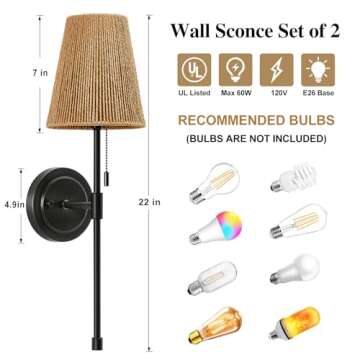 Stylish Wall Sconces Set of 2 with Rattan Shades