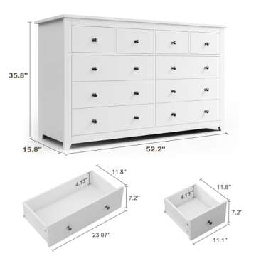 EnHomee 10 Drawer Dresser, 55" Modern White Dressers & Chest of Drawers for Bedroom White,52.2W*15.8" D*35.8" H