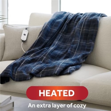 Sunbeam Ultra Heated Blanket, Cozy Blue Plaid Design