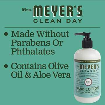 Mrs. Meyer's Hand Lotion for Dry Hands, Non-Greasy Moisturizer Made with Essential Oils, Basil, 12 oz