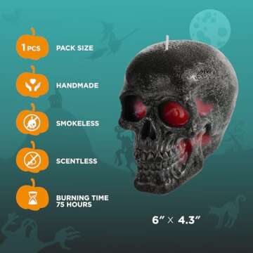 CANDWAX 6x4.3 inch Black Red Skull Candle - Ideal as Spell Candles and Halloween Candles - Themed Candles for Spooky Halloween Decorations - Red Inside, Big Size
