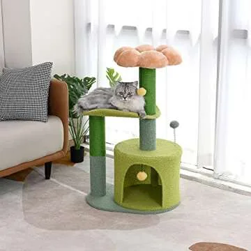 PET WONDERLAND Cat Activity Tree with Scratching Post, Small Flower Cat Condo for Kittens and Large Cats