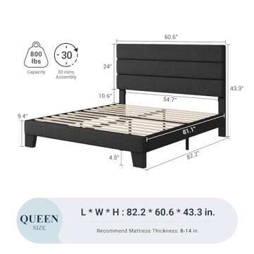 Allewie Queen Size Platform Bed Frame with Fabric Upholstered Headboard and Wooden Slats Support, Fu...