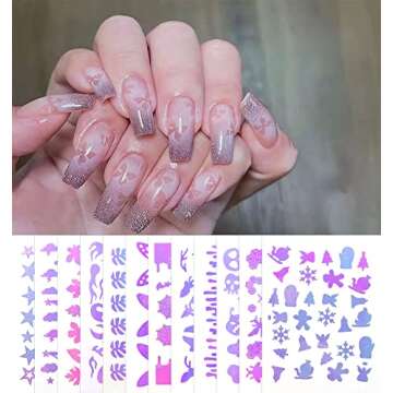 SILPECWEE 12 Sheets Airbrush Nail Stickers Nail Stencils Self Adhesive Nail Art Stickers Decals Star Cloud Flower Leaf Butterfly Printing Template Tool French Manicure Stickers Nail Decoration