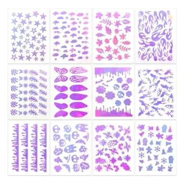 SILPECWEE 12 Sheets Airbrush Nail Stickers Nail Stencils Self Adhesive Nail Art Stickers Decals Star Cloud Flower Leaf Butterfly Printing Template Tool French Manicure Stickers Nail Decoration