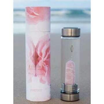 Rose Quartz Crystal Water Bottle for Healing, Wellness, 15 oz. - Infused Water Bottle with Large Crystals, Bottle Bikini Sleeve - Premium, Portable, Leakproof Glass Bottles