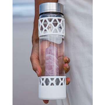 Rose Quartz Crystal Water Bottle for Healing, Wellness, 15 oz. - Infused Water Bottle with Large Crystals, Bottle Bikini Sleeve - Premium, Portable, Leakproof Glass Bottles