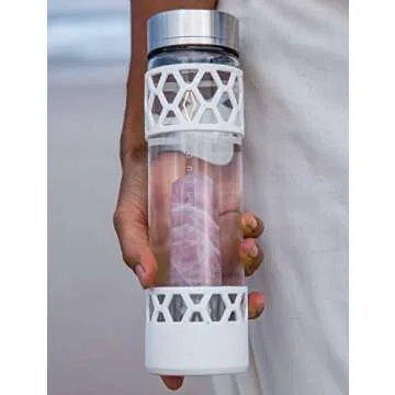 Rose Quartz Crystal Water Bottle for Healing, Wellness, 15 oz. - Infused Water Bottle with Large Crystals, Bottle Bikini Sleeve - Premium, Portable, Leakproof Glass Bottles