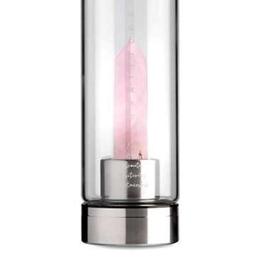 Rose Quartz Crystal Water Bottle for Healing, Wellness, 15 oz. - Infused Water Bottle with Large Crystals, Bottle Bikini Sleeve - Premium, Portable, Leakproof Glass Bottles