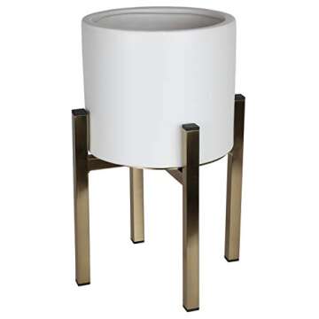 Brightech Iris Junior– Ceramic Planter Pot & Brass Stand Set for Plants, for Indoor Use - Matches Mid Century Modern Living Rooms - Container Box for Patio, Deck, Porch, Garden, Lawn - Antique Brass