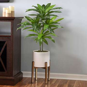 Brightech Iris Junior– Ceramic Planter Pot & Brass Stand Set for Plants, for Indoor Use - Matches Mid Century Modern Living Rooms - Container Box for Patio, Deck, Porch, Garden, Lawn - Antique Brass