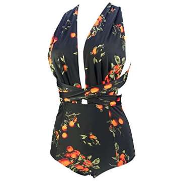 COCOSHIP Black & Orange Tangerine Fruit Retro One Piece V-Neck Swimsuit Bather High Waisted Criss Cross Monokinis Swimwear S(US4)