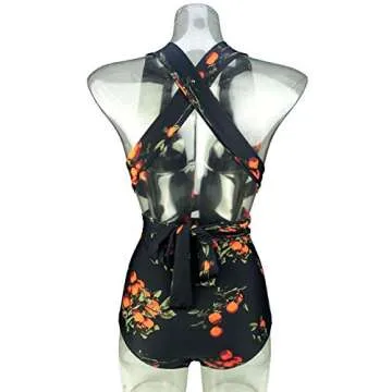 COCOSHIP Black & Orange Tangerine Fruit Retro One Piece V-Neck Swimsuit Bather High Waisted Criss Cross Monokinis Swimwear S(US4)