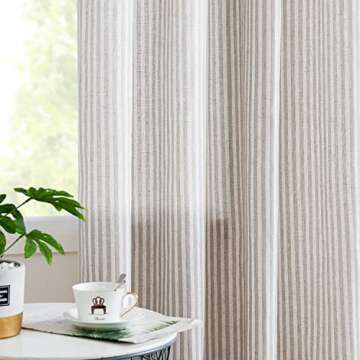 Vangao Linen Blend Stripe Curtains Tickingstripe Light Filtering Window Curtains Grey Pinstripe Printed on Beige Drapes 63 Inches Length for Living Room Bedroom Grommet Top 2 Panels