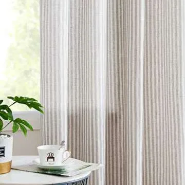 Vangao Linen Blend Stripe Curtains Tickingstripe Light Filtering Window Curtains Grey Pinstripe Printed on Beige Drapes 63 Inches Length for Living Room Bedroom Grommet Top 2 Panels