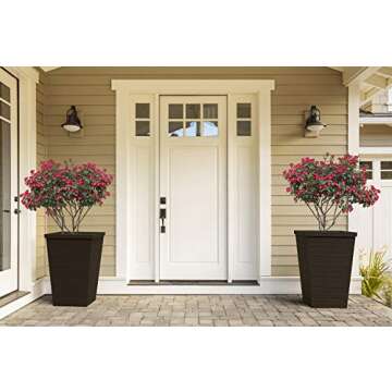 Keter Set of 2 Resin Modern Outdoor Planter, Tall and Large Flower Pot with Drainage and Tapered Wood Look - Perfect for Garden Pots, Balcony Planters, and Front Porch Decor