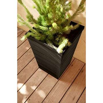 Keter Set of 2 Resin Modern Outdoor Planter, Tall and Large Flower Pot with Drainage and Tapered Wood Look - Perfect for Garden Pots, Balcony Planters, and Front Porch Decor
