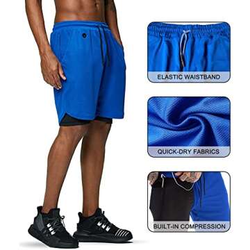 EXEKE Men's 2 in 1 Running Shorts Quick Dry Gym Workout Athletic Shorts with Pockets 766-2XL/Blue-US L