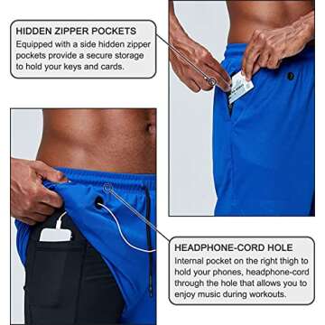 EXEKE Men's 2 in 1 Running Shorts Quick Dry Gym Workout Athletic Shorts with Pockets 766-2XL/Blue-US L