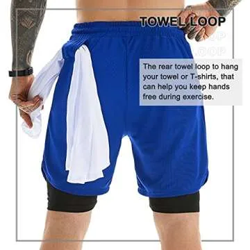 EXEKE Men's 2 in 1 Running Shorts Quick Dry Gym Workout Athletic Shorts with Pockets 766-2XL/Blue-US L