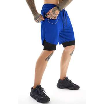 EXEKE Men's 2 in 1 Running Shorts Quick Dry Gym Workout Athletic Shorts with Pockets 766-2XL/Blue-US L