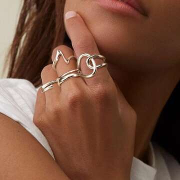 FIBO STEEL 12PCS Gold Chunky Rings for Women - Adjustable Set