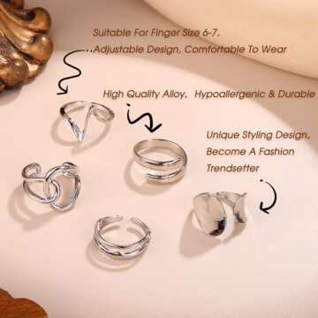 FIBO STEEL 12PCS Gold Chunky Rings for Women - Adjustable Set