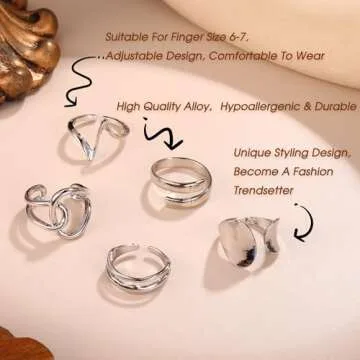 FIBO STEEL 12PCS Gold Chunky Rings for Women - Adjustable Set