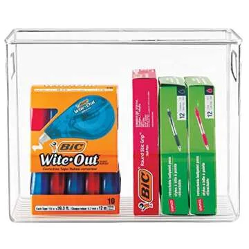 mDesign Tall Plastic Office Storage Bin with Handles - Organizer Bins for Cabinets, Drawers, Desks, Workspace - Containers and Baskets for Pens, Pencils, Highlighters and Notebooks - 2 Pack - Clear