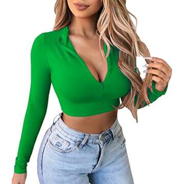 Artfish Women's Long Sleeve Quarter Zip Crop Tops Fleece Lined V Neck Fitted Sexy Cropped Shirts (01#Kelly Green, M)