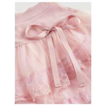 BEAUDRM Women's Y2K Solid Tiered Layer Skirt High Waist Contrast Mesh Lace Tie Bow Front Loose Mini Skirt Cake Skirt Pink Small