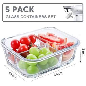 VERONES 5 Pack Glass Meal Prep Containers 3 Compartment Set, 36OZ Airtight Glass Lunch Containers, Glass Food Storage Containers with Lids, for Microwave, Oven, Freezer & Dishwasher Friendly,Grey