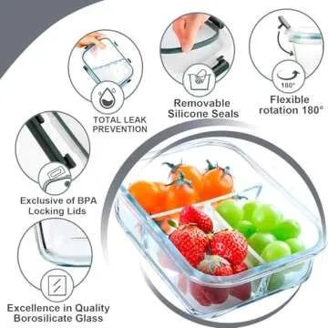VERONES 5 Pack Glass Meal Prep Containers 3 Compartment Set, 36OZ Airtight Glass Lunch Containers, Glass Food Storage Containers with Lids, for Microwave, Oven, Freezer & Dishwasher Friendly,Grey