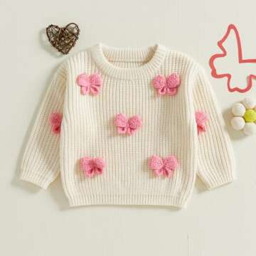 Toddler Baby Girl Chunky Knit Sweater Long Sleeve Crewneck Bow Flower Knitted Pullover Tops Knitwear...