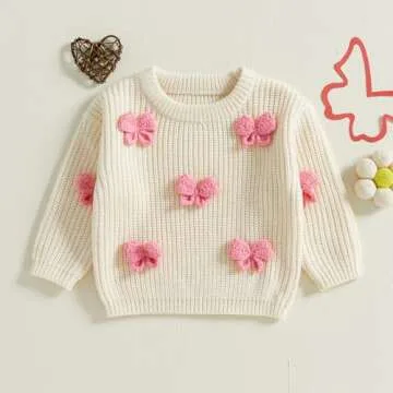 Toddler Baby Girl Chunky Knit Sweater Long Sleeve Crewneck Bow Flower Knitted Pullover Tops Knitwear...