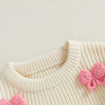 Toddler Baby Girl Chunky Knit Sweater Long Sleeve Crewneck Bow Flower Knitted Pullover Tops Knitwear Spring Clothes (A-White, 2-3 Years)