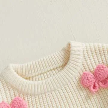 Toddler Baby Girl Chunky Knit Sweater Long Sleeve Crewneck Bow Flower Knitted Pullover Tops Knitwear Spring Clothes (A-White, 2-3 Years)